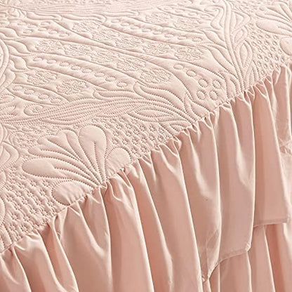 CHIXIN Ruffle Skirt Bedspread King Size - 30" Long Drop, Shabby Chic Style, Lightweight Bedding Cover, 3 Piece Set, Chic Layers, Pink