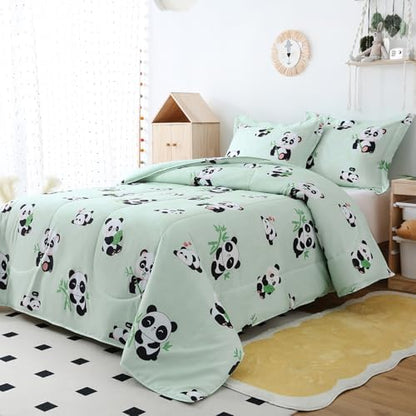 Yibeizi Kids Cute Panda Comforter Full Size Sage Green Bedding Set