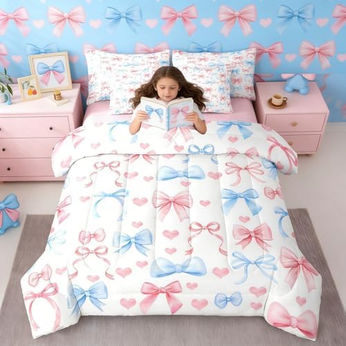 Erosebridal Princess Bow Full Size Bed Sheets and Comforter Set | Pink Bow Tie 7-Piece Bedding Set Blue Ribbon Bowknot Bed in a Bag, Girly Kawaii Love Hearts Bed Sets