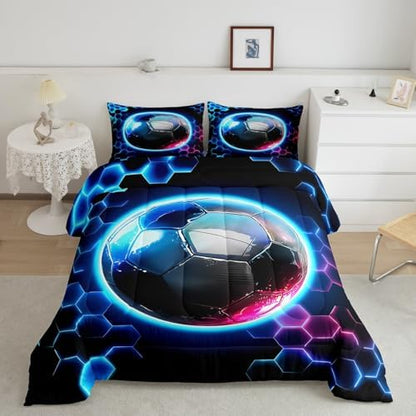 Erosebridal Boys Soccer Kids Bedding | Geometric Honeycomb Comforter Sets King,Colorful Neon Lights Comforter Hexagon Sports Gamer Duvet Insert with 2 Pillow Cases