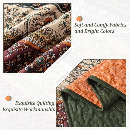WONGS BEDDING Boho Queen Quilt Set, 3 Pieces Bedspread, Orange Green