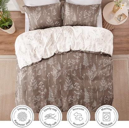 Love's cabin Light Taupe Comforter Set King - King Size Comforter Set, 3 Pieces Cute Floral Bedding Sets for All Seasons,1 Soft Reversible Botanical Flowers Comforter and 2 Pillow Shams