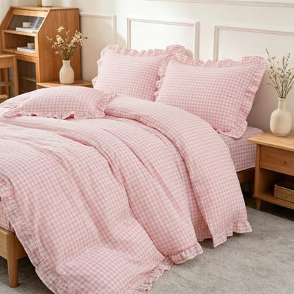 Nayoroom Pink Ruffle Gingham Comforter Set Queen Plaid Checkered Bedding