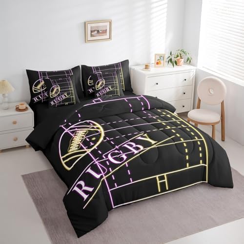 Football Bed in a Bag 7-Piece Sport Bedding Set for Boys Room, Rainbow Neon Light King Size Comforter Set Gradient Soccer Field Bedding Comforter Sets, Ball Gaming Bed Set (Black Reversible)