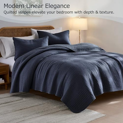 palassio Striped Navy Blue 100% Cotton Quilt Twin Size Bedding Sets, Lightweight Crinkly Channel Pick Stitch Textured Bedspread Soft Shabby Chic Farmhouse Country Coverlet for All Season, 1 Sham