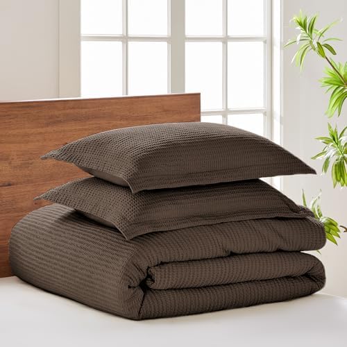 Levtex Home Cloud Waffle Full/Queen Comforter Set (90x94in) with 2 Pillow Shams (26x20in) - Solid Waffle Cotton Texture - Cocoa - 100% Cotton Full/Queen Size Comforter Set - Soft, Pre-Washed