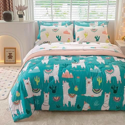 Wajade Kids Cute Llama Comforter Set Bed in A Bag Full Size 7 Piece Green Alpaca Tropical Plant Bedding Set for Girls Boys (1 Comforter, 1 Flat Sheet, 1 Fitted Sheet, 2 Pillowcase and 2 Pillow Sham)