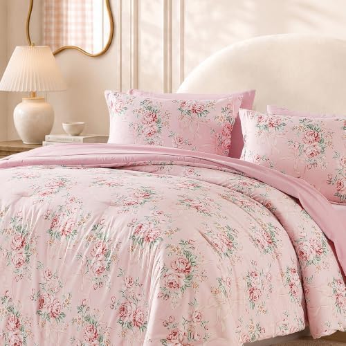 BLOOMHAVEN King Size Comforter Set-7 Pieces Pink Floral Bed in a Bag King