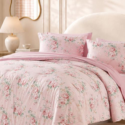 BLOOMHAVEN King Size Comforter Set-7 Pieces Pink Floral Bed in a Bag King