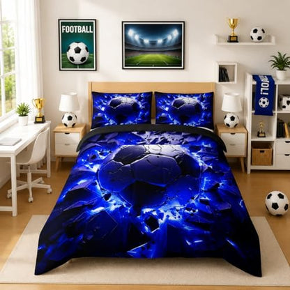 Nttopship Soccer Bedding Comforter Set Queen Size for Kids Teens and Adults, Blue and Black Football Printed Bedding Sets 3 PCS,Ball Sports Themed Bedroom Decor with 1 Comforter and 2 Pillowcases