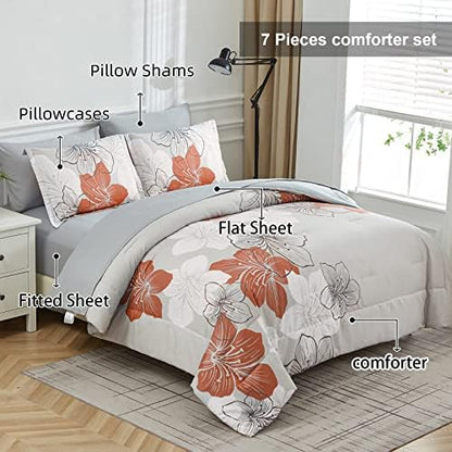 Terracotta Comforter Set Queen, 7 Pieces Floral on Grey Bedding Set