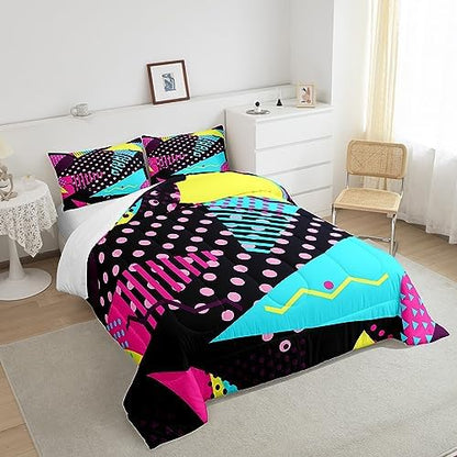 Manfei Memphis Comforter Set Twin Size, Retro 80s or 90s Fashion Style Quilt Set with 1 Pillowcase, Geometric Triangle Circle Bedding Set 2pcs for Kids Boy Girls Lightweight Duvet Insert
