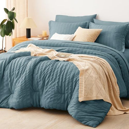 CozyLux California King Comforter Set, Mineral Blue Seersucker Bed in a Bag
