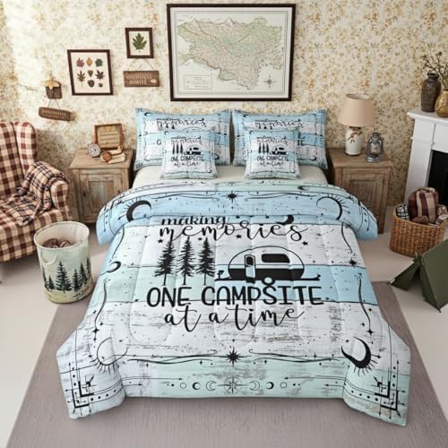 Erosebridal 7Pcs Camper Decorations Bedding Set for Boys Twin Size, Happy Camping Comforter Set, Boho Sun Moon Bedding Comforter Sets, Vintage Wooden Planks Sheet Set Rustic Farmhouse Decor, Blue