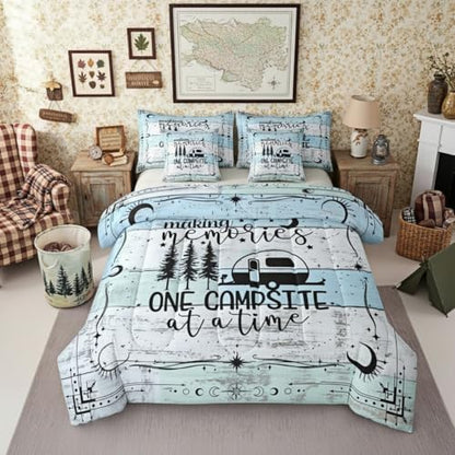 Erosebridal 7Pcs Camper Decorations Bedding Set for Boys Twin Size, Happy Camping Comforter Set, Boho Sun Moon Bedding Comforter Sets, Vintage Wooden Planks Sheet Set Rustic Farmhouse Decor, Blue