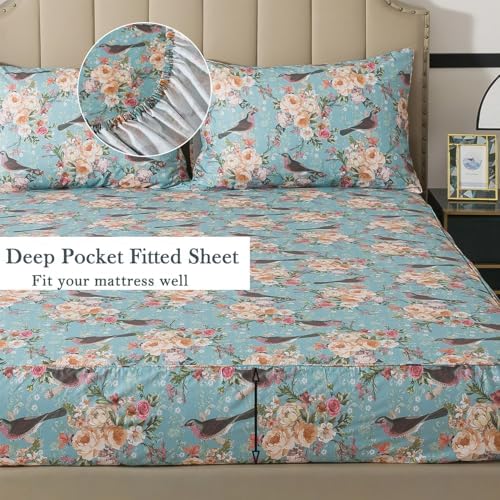 FADFAY 100% Cotton Cal King Sheet Set, Mint Green Floral Bird Print Bedding