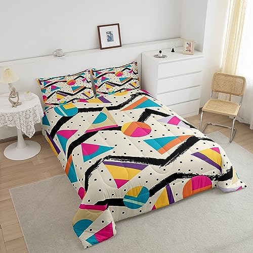 Manfei Memphis Comforter Set Queen Size, Retro 80s or 90s Fashion Style Bedding Set 3pcs for Kids Boys Girls, Geometric Triangle Circle Quilt Set Soft Polyester Duvet Set with 2 Pillowcases