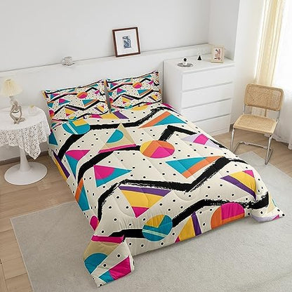 Manfei Memphis Comforter Set Queen Size, Retro 80s or 90s Fashion Style Bedding Set 3pcs for Kids Boys Girls, Geometric Triangle Circle Quilt Set Soft Polyester Duvet Set with 2 Pillowcases