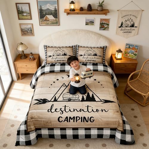 Manfei Camping Travel Comforter Set Full,Camper Car Bedding Set 3pcs for Kids Youths Adults RV Trailer Decor,Geometric Plaid Sun Moon Quilt Set,Wild Rustic Farmhouse Duvet Insert with 2 Pillowcases