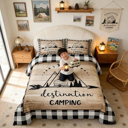 Manfei Camping Travel Comforter Set Full,Camper Car Bedding Set 3pcs for Kids Youths Adults RV Trailer Decor,Geometric Plaid Sun Moon Quilt Set,Wild Rustic Farmhouse Duvet Insert with 2 Pillowcases