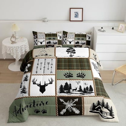 Rustic Farmhouse Kids Comforter Set King Size,Deer Antlers Bear Paws Plaids Patchwork Bedding Set for Boys Girls Adults Room Decor,Pine Trees Arrows Down Comforter,Retro Duvet Insert,2 Pillowcases