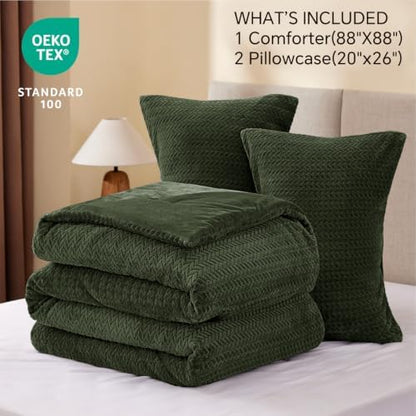 ChiXpace Fleece Queen Comforter Set Olive Green, Fluffy Bed Set 3 Pieces