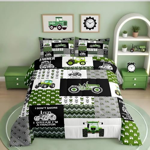 Feelyou Tractor Comforter Set Cartoon Farm Tractor Down Duvet for Kids Boys Girls Truck Car Bedding Set Harvester Excavator Comforter Green 1 Comforter Set with 2 Pillowcases Full Size