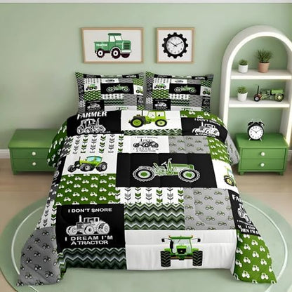 Feelyou Tractor Comforter Set Cartoon Farm Tractor Down Duvet for Kids Boys Girls Truck Car Bedding Set Harvester Excavator Comforter Green 1 Comforter Set with 2 Pillowcases Full Size