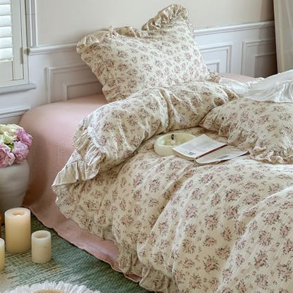 VM VOUGEMARKET Muslin Cotton Duvet Cover Set Queen,Vintage Flower Comforter/Quilt Cover with Romantic Ruffles,Soft, Breathable & Lightweight 90"x90"