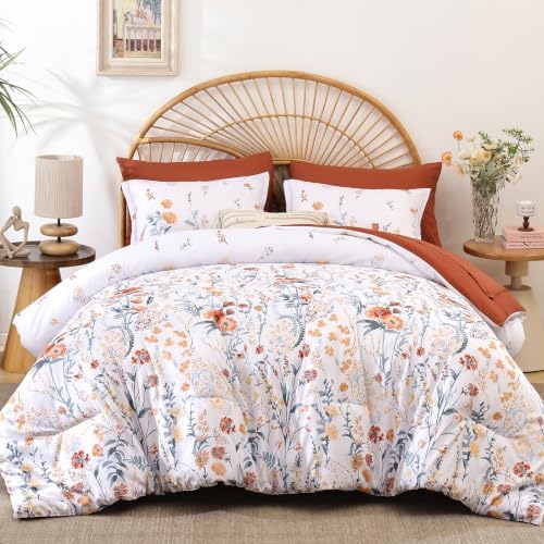 Burnt Orange Floral Comforter Set Queen Size,7 Piece Cute Flower Comforter