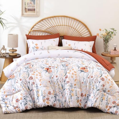 Burnt Orange Floral Comforter Set Queen Size,7 Piece Cute Flower Comforter