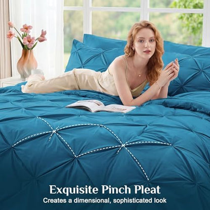 JOLLYVOGUE Queen Comforter Set 7 Pieces - Bed in a Bag Queen for All Season, Pintuck Bedding Comforter Sets with Comforter, Flat Sheet, Fitted Sheet and Pillowcases & Shams, Teal