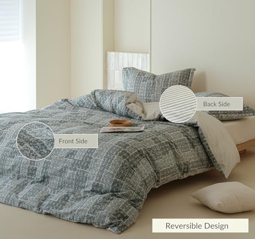 Grey Patchwork Comforter King Size - 100% Cotton Striped Reversible Comforter Set, Soft and Breathable Bedding Set for All Season, 3 Pieces