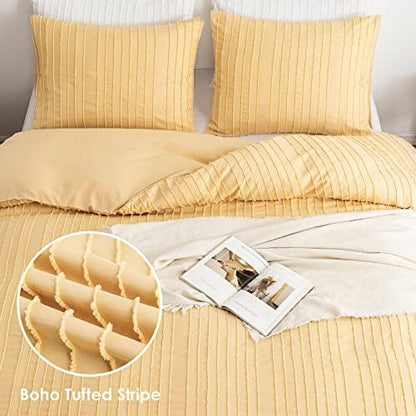 WARMDERN Yellow Boho Duvet Cover Queen, Striped Textured Tufted Bedding Set