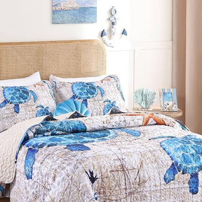 weigelia Coastal Quilt Queen Size, Nautical Lightweight Summer Bedding