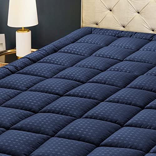 HYLEORY King Mattress Pad Quilted Fitted Mattress Protector Cooling Pillow Top Mattress Cover Breathable Fluffy Soft Mattress Topper with 8-21" Deep Pocket, Navy