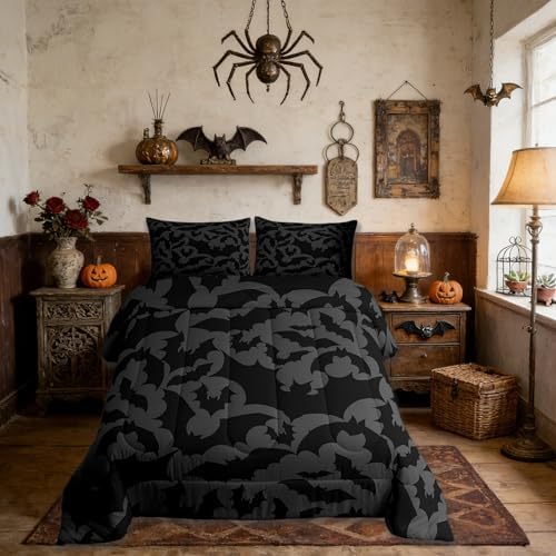 Castle Fairy Halloween Themed Full Size Comforter Set,Black Bats Animal Print Bedding Comforters Bedroom Collection,Dark Grey Color Bedding Set for Girls Teens