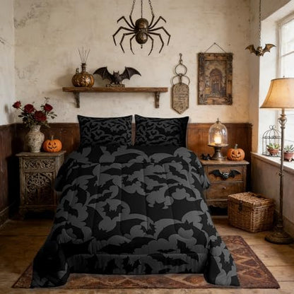Castle Fairy Halloween Themed Full Size Comforter Set,Black Bats Animal Print Bedding Comforters Bedroom Collection,Dark Grey Color Bedding Set for Girls Teens