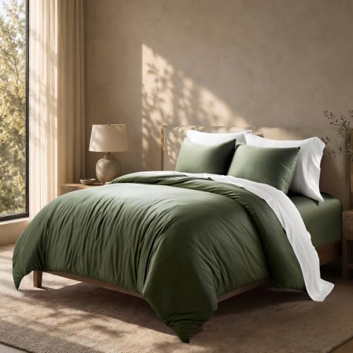 EverGrace 100% Rayon from Bamboo Duvet Cover Set, Queen Size, Olive Green