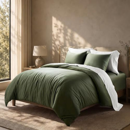 EverGrace 100% Rayon from Bamboo Duvet Cover Set, Queen Size, Olive Green