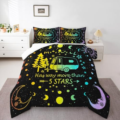Happy Camping Comforter Set King Size,Camper RV Trailer Decor Bedding Set 3pcs for Kids Boys Girls Adults,Sun Moon Starry Sky Summer Down Comforter,Watercolor Romantic Duvet Insert,2 Pillowcases