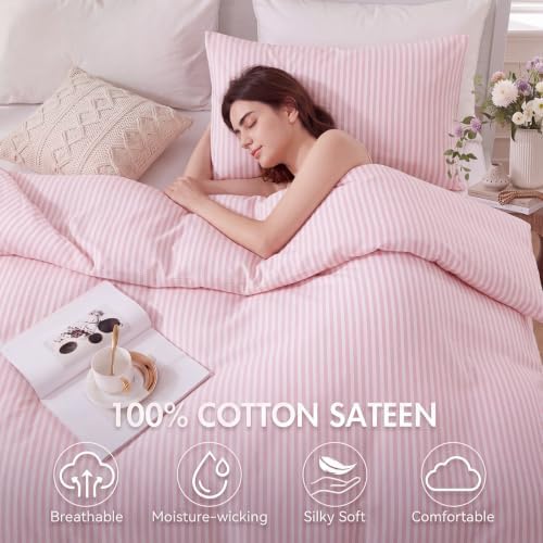 Bedbay Pink Striped Duvet Cover Set Queen Size, 100% Cotton 300TC Sateen, Dusty Rose Fine Stripe Bedding, Soft Smooth Breathable Luxury Sateen Set, 3 Pieces