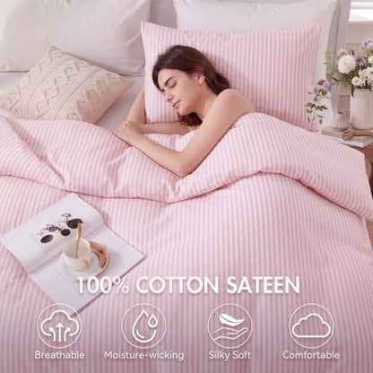 Bedbay Pink Striped Duvet Cover Set Queen Size, 100% Cotton 300TC Sateen, Dusty Rose Fine Stripe Bedding, Soft Smooth Breathable Luxury Sateen Set, 3 Pieces