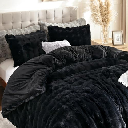 YIKUSH Twin Faux Fur Soft Comforter Set, Fluffy Black Rabbit Fur Comforter