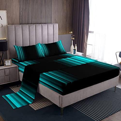 Feelyou Geometric Abstract Ombre Bed Sheets Kids Teens Teal and Black Striped Sheet Set Decor Modern Fashion Bed Set Bedroom Collection 3Pcs Twin Size