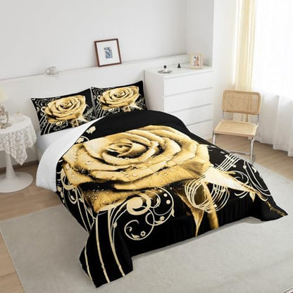 Feelyou Yellow Rose Floral Comforter Set King Size Couple Valentine's Day Botanical Comforter for Girls Women Lover Music Blossom Flowers Bedding Set Romantic Duvet Set Room Decor