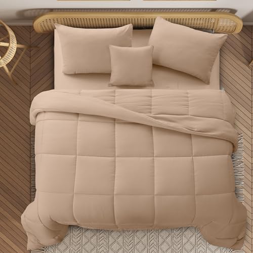 LUX Décor 5pc Queen Comforter Set, All-in-One Bed in a Bag, Includes 1 Comforter, 2 Pillow Shams, 1 Decorative Pillow & 1 Bed Skirt (Beige, Queen)