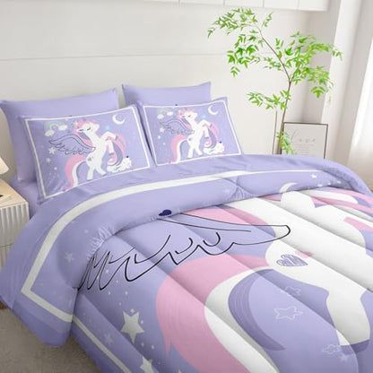 7Pcs Comforter Set Cartoon Purple Unicorn Printed Bedding Set with 1 Comforter,1 Flat Sheet,1 Fitted Sheet and 4 Pillowcases for Boys and Girls Bedroom All Season(Full)