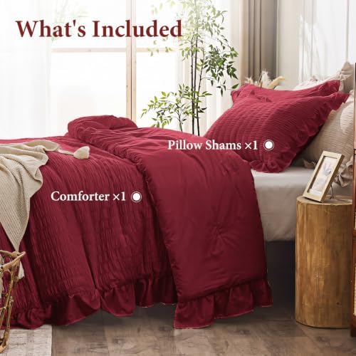 JOLLYVOGUE Burgundy Twin/Twin XL Comforter Set, 2 Pieces Seersucker Lightweight Fluffy Bedding Set, Twin Ruffle Comforter, All Season Soft Microfiber Shabby Chic Bed Set