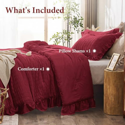 JOLLYVOGUE Burgundy Twin/Twin XL Comforter Set, 2 Pieces Seersucker Lightweight Fluffy Bedding Set, Twin Ruffle Comforter, All Season Soft Microfiber Shabby Chic Bed Set